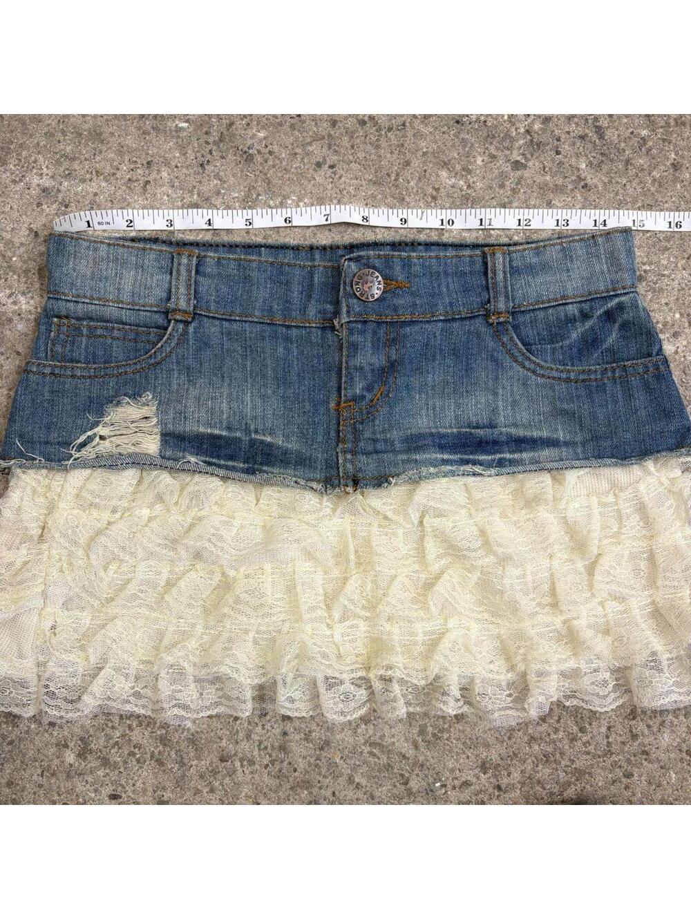 Vintage Y2K Denim Micro Mini Skirt Low Rise Layered Peekaboo Ruffle - Picture 4 of 6